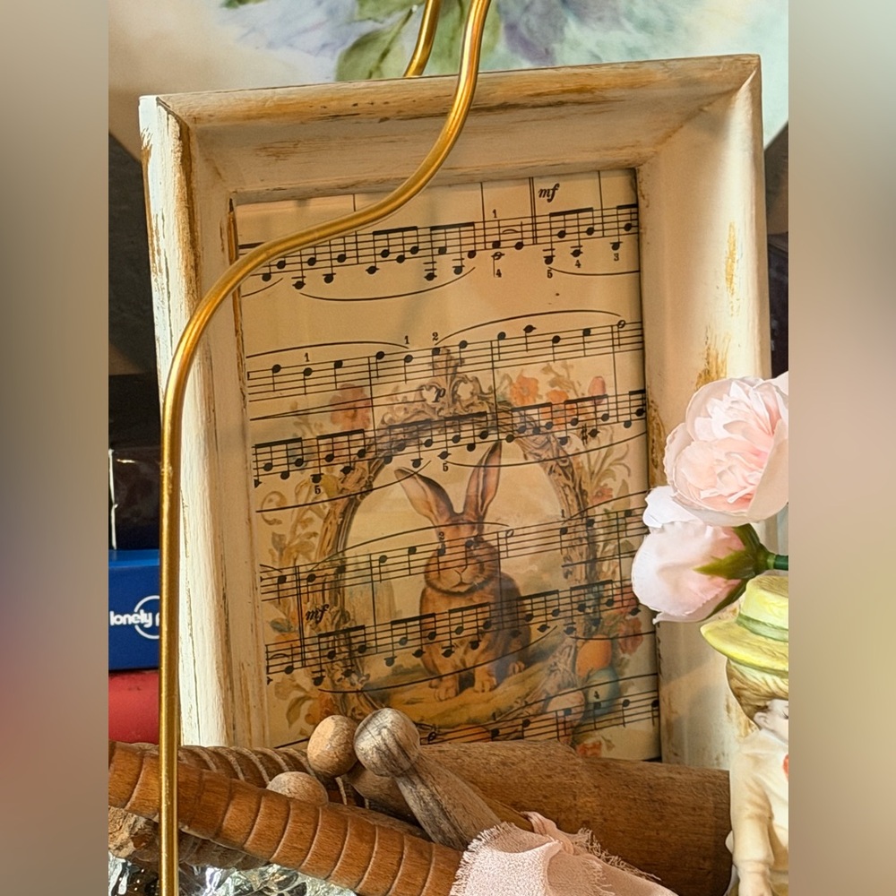 Vintage music sheet w/ charming bunny, hand painted creamy white and gold frame